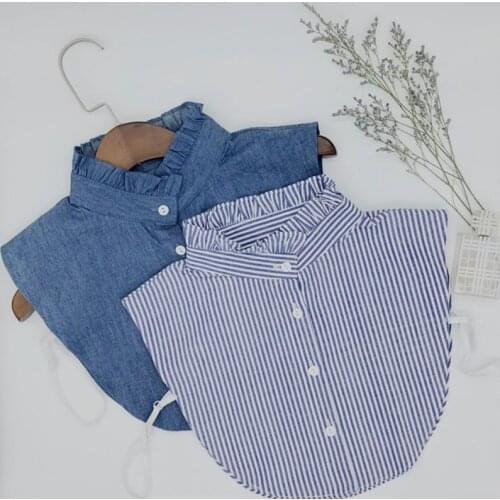 Minimalist Stripes Denim Women Detachable Lapel Fake Collar Cute Doll Ruffles Lace Splicing Button Down False Half Shirt Blouse