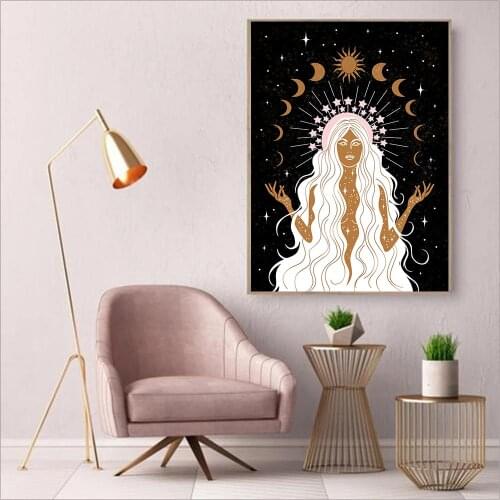 Nordic Sun Moon Star Art Drawing Poster And Print Magical Women Canvas Painting Abstract Wall Pictures Living Room Home Decor