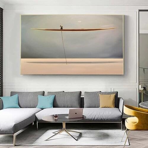 Modern Vintage Sea Golden Boat Abstract Canvas Painting Nordic Poster Print Wall Art Decoration Picture Living Room Decor