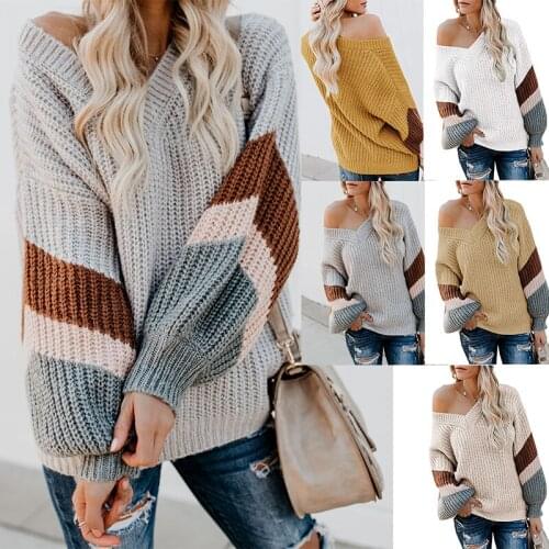 Hot Sale Womens Winter Stitching V-Neck Sweater Large Size Pullover White Gray Apricot Light Yellow Orange