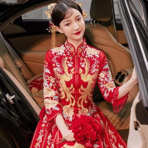 Embroidery High-quality Red Chinese Traditional Wedding Dress Cheongsam Dress Stylish Elegant Bride Vintage китайская одежда