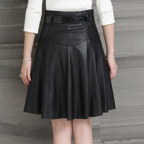 New Genuine A-Line Skirt Women Real Leather Sheepskin Sexy Office Lady High Waist Pleated Skirts With Belt Streetwear