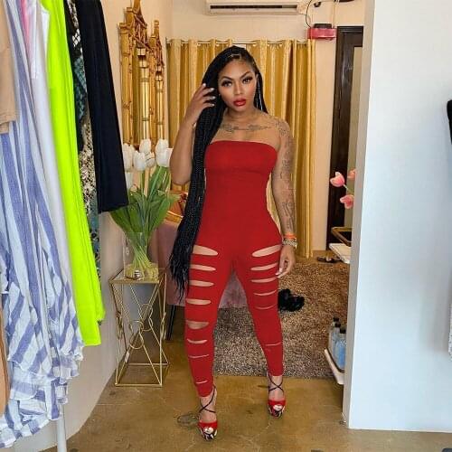 Streetwear Womens Distressed Hole Bodycon Romper Strapless Tube Sleeveless Skinny Long Jumpsuits One Piece Overall Playsuits