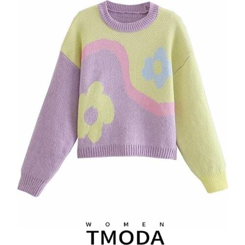TMODA1924 2021 Autumn Winter Women Fashion Flower Pattern Knitted Sweater Jumper O Neck Female Chic Elegant Oversize Pullovers