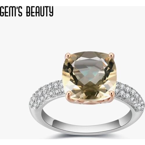 GEMS BEAUTY 925 Sterling Silver Gemstone Statement Rings 10*10mm Cushion Natural Lemon Quartz Candy Ring For Women Fine Jewelry