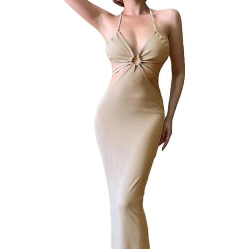 Women Fishtail Halter Dress Adults Summer Tie-up Solid Color V-neck Cutout