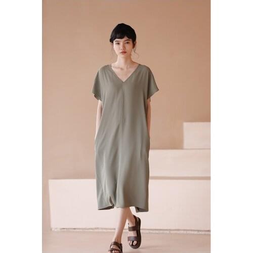 New Arrival Summer French Style Office Lady V-Neck Collar Loose Solid Dress Casual