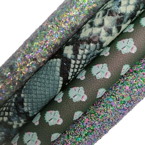 Purple Green Glitter leather, Metallic Snake synthetic leather, Skulls Printed Faux Leather Sheets For Bows DIY 21x29CM KM691