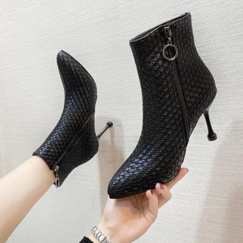 British Style Stiletto Boots Womens Autumn And Winter Boots New Daily High-heeled Boots Zip Pointed Toe Botas Mujer