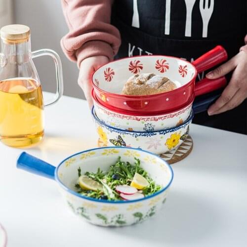 EECAMAIL 8-inch Handle Bowl Ceramic Baking Bowl Creative Rice Bowl Soup Bowl Breakfast Bowl Fruit Salad Bowl