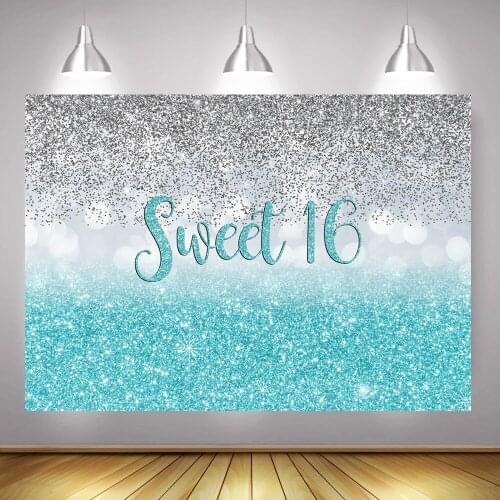 Bokeh Sweet 16 Birthday Backdrop Photography Shiny Sliver Glitter Blue Rose Gold Kids Sixteen Birthday Party Background Decor
