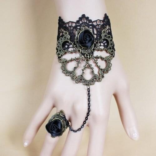 Gothic Sexy Lace Bracelets Women Black Rose Vampire Vintage Alloy Circles Bracelet Link Chain Finger Circle Statement Jewelry