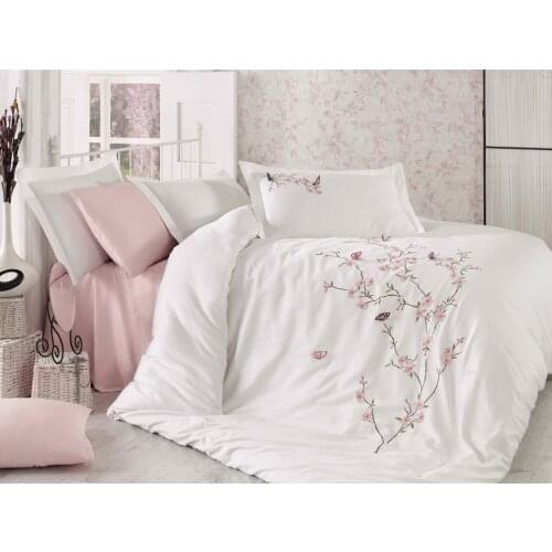 Butterfly 3d Embroideried Cotton Satin Duvet cover set Cream Powder