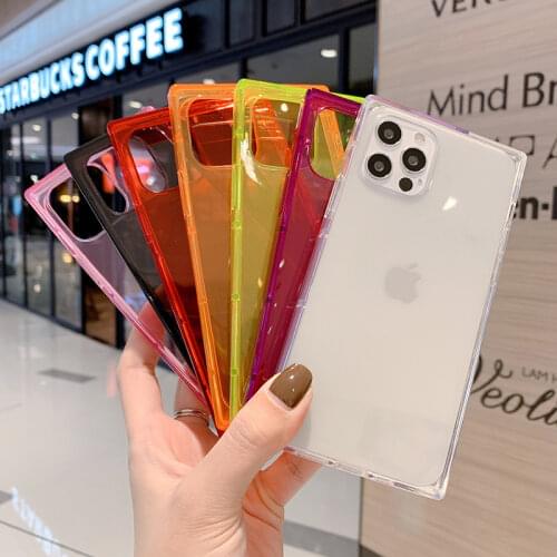 Square Neon Fluorescent Transparent Phone Case For iPhone 12 Pro 11 Pro Max 7 8 6S Plus X XR XS Max Clear Soft Back Cover Capa