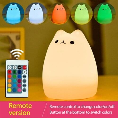 Remote Control Cute LED Night Light 7 Colors Cartoon Cat Silicone Lamp Bedroom Decor Ornaments Night Lamp Battery/USB Charge