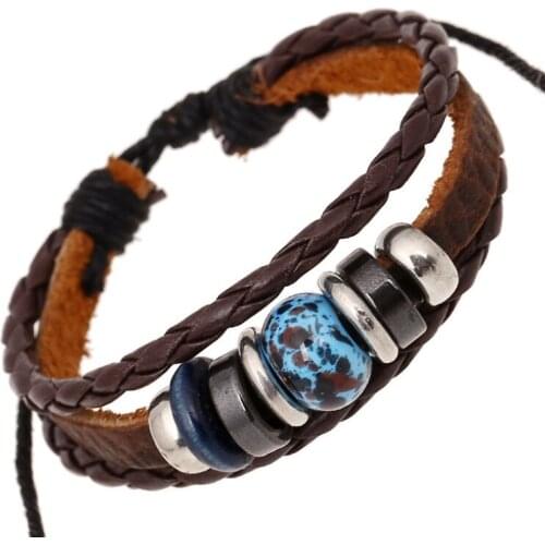 Fashion Casual Blue Beads Wrap Bracelet Retro Charm Adjustable Multilayer Weave Leather Bangle Wristbands Vintage Unisex Jewelry