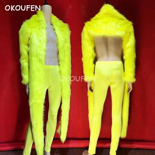 Stage performance clothing bar night club party yellow irregular imitation fox fur coat clothing set