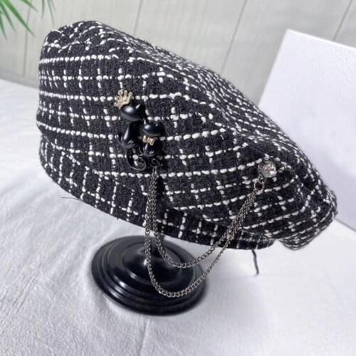 202009-samepu autumn cat crown Water drill chain plaid lady beret hat women Leisure painter hat