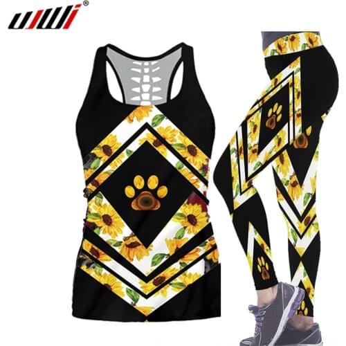 UJWI 3D Printed Sunflowers Hollow Tanktop Sexy Women Girls Vest Tank 2-piece set Tops Clothing Leggings suit Oversized Drop ship