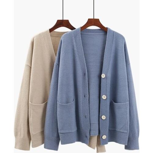 V-neck pocket sweater cardigan women autumn winter 2021 new loose student lazy style sweater coat knitted long sleeve