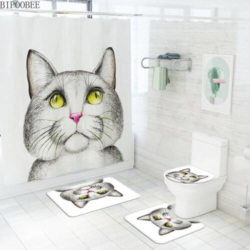 Lovely Kitten Animal Fabric Shower Curtains Cat Avatar Bathroom Curtain Bath Mats Rugs Flannel Carpet Toilet Cover Anti-slip Rug