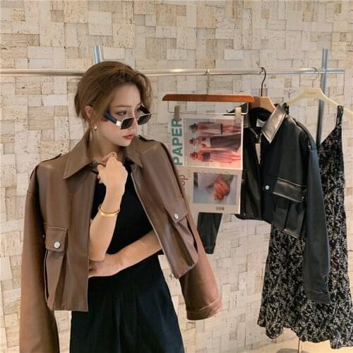 Vintage Spring Autumn 2021 Short Faux PU Leather Coat Women Long sleeve Loose Black Lapel Korean Biker Jacket Female Streetwear