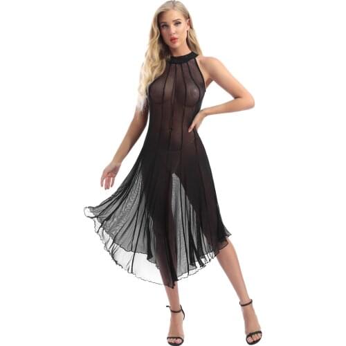 Womens Lingerie Sexy See-through Mesh Dress for Halloween Rock Concert Gothic Punk Mock Neck Dress Clubwear Sleeveless Dresses