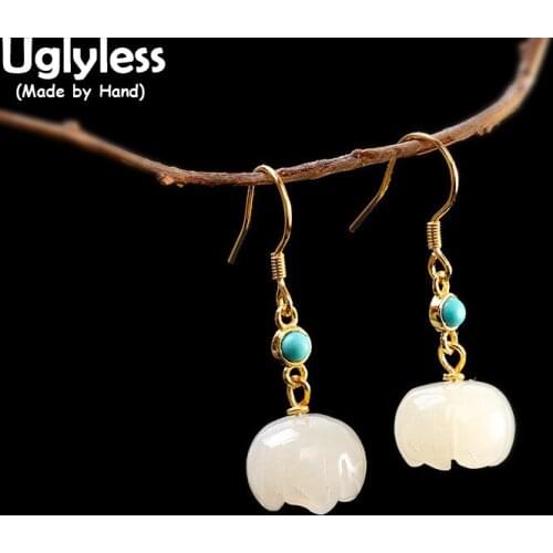 Uglyless Xinjiang Hetian Natural Jade Flower Buds Earrings for Women Gold 925 Silver Turquoise Jewelry Vintage Fashion Earrings