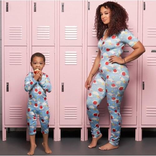Women Parent-child Jumpsuit Casual Long Sleeve Bodycon Print ButtonStretch Playsuit Shorts Romper Outfit