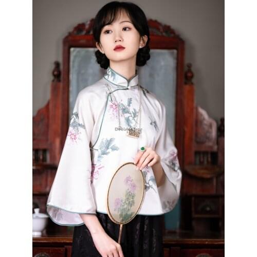 2021 retro chiffon blouse female ethnic style shirt chinese wind flower print tea service women cheongsam blouse hanfu shirts