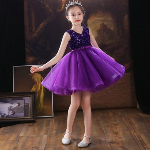 Little Girls Halloween Party Dress V-neck Sleeveless Flower Girls Dresses Kids Sequin Tutu Princess Ball Gown Purple 3-12 Years