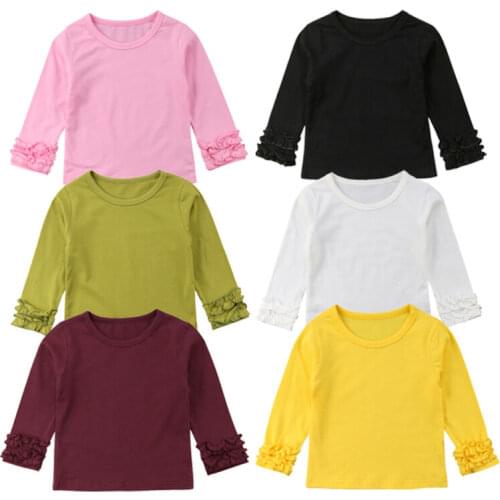 1-5Years Kids Baby Girl Ruffle Long Sleeve T-shirt Tops Solid Cotton Casual Children Basic T Shirts Girls Clothes Summer Autumn
