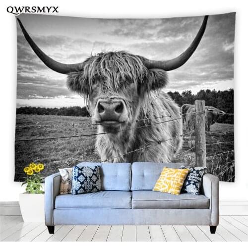 Highland Cattle Yak Prairie Animal Tapestry Wall Hanging Black And White Art Aesthetic Bedroom Dorm Decor Background Tapestries