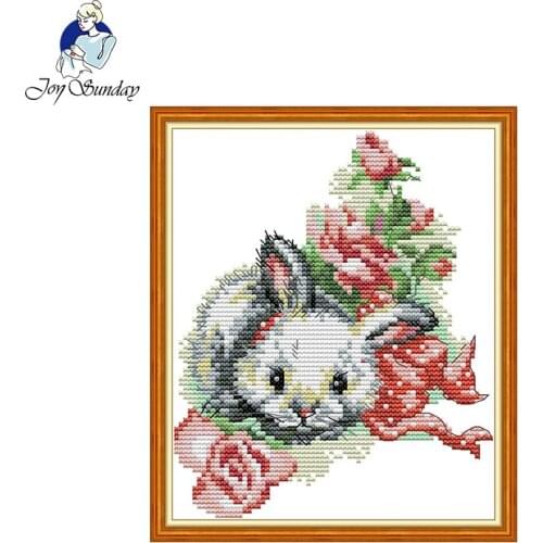 Joy Sunday The little rabbit in the flowers2Cross-Stitch Embroidery Printed Counted Canvas DMC DIY NeedleworkSet For Decor Gift