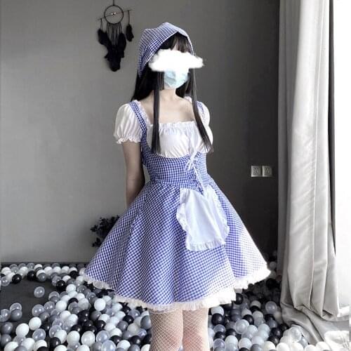 Kawaii Anime Maid Cosplay Costume Japanese Cute Blue Plaid Maid Lolita Dress Halloween Party Sweet Women Waitress Apron Outfit