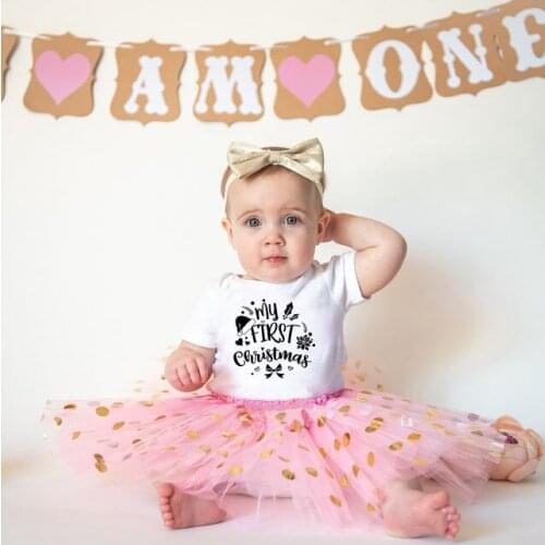 My First Christmas Toddler Baby Girls 2pcs Clothes Set CuteShort Sleeve Romper + Tutu Skirt Fashion Infant Girl Suits