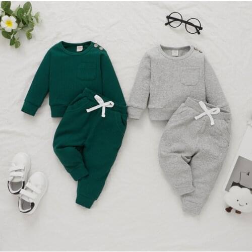 Baby Girls Boys Clothes Set Solid Cotton Ribbed Long Sleeve Pullover Tops+Pants Toddler Baby Clothes Spring Autumn Outfit