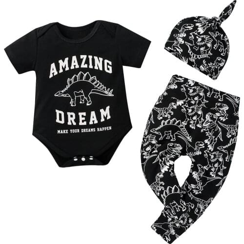 Baby Boys 3Pcs Summer Outfits, Short Sleeve Letter Print Romper + Cartoon Pants + Hat Set