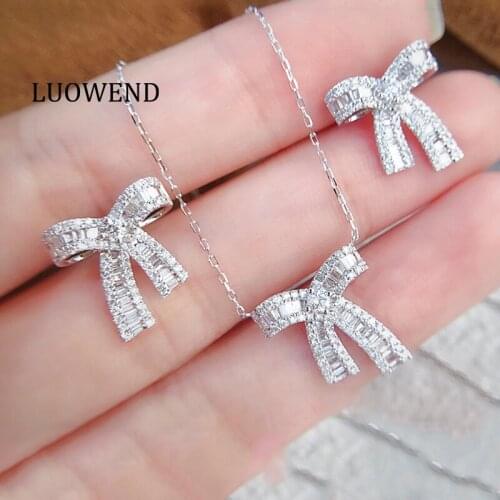 LUOWEND 18K Solid White Gold Pendant Necklace Real Natural Diamond Charm Women Bow-knot Desgin Engagement Luxury Necklace
