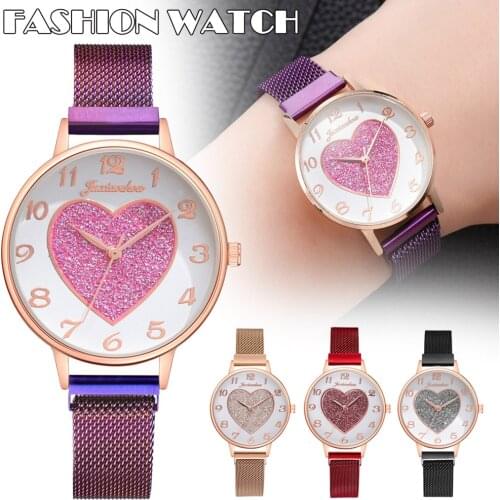 Fashion Quartz Watch Steel Mesh Strap Heart Pattern Round Dial Simple Casual Watch for Women Girls TT@88