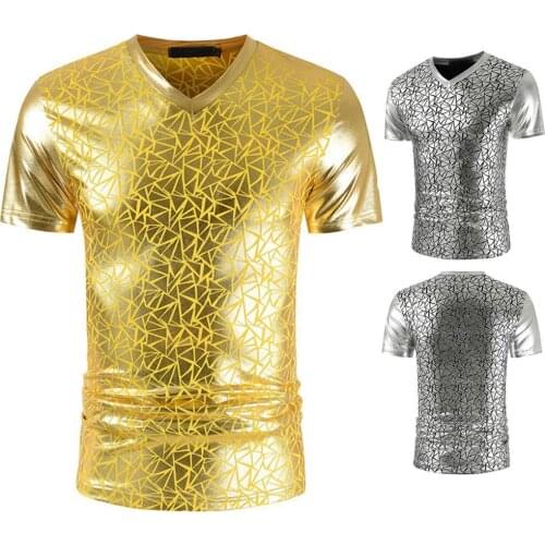 2021 Summer T shirt Men Streetwear Smooth T-shirt Geometric Print Smooth Surface Summer V Neck Punk Style Short Sleeve Top