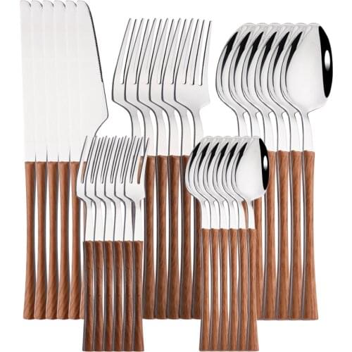 6/30Pcs Stainless Steel Dinnerware Cutlery Ses Glossy Silver Wooden Tableware Western Food Home Knife Fork Teaspoon Flatware