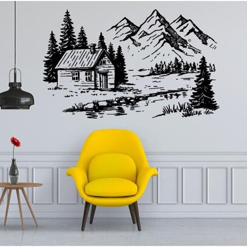 Mountains House Near The Lake Wall Stickers Home Decor For Living Room Wall Sticker Landscape Vinyl Decals Art Mural ov566