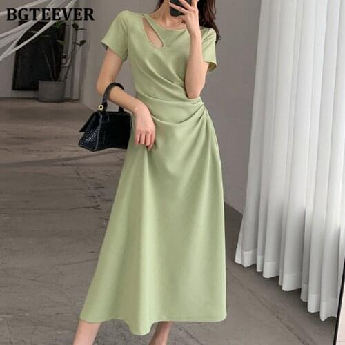 BGTEEVER Elegant Ladies O-neck Hollow Out Midi Dress 2021 Summer Short Sleeve Slim Waist Female A-line Dress Casual Vestidos