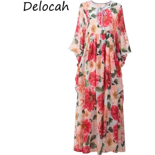 Delocah New 2021 Summer Women Fashion Designer Beach Holiday Maxi Dress Batwing Sleeve High Waist Floral Printed Ladies Dresses