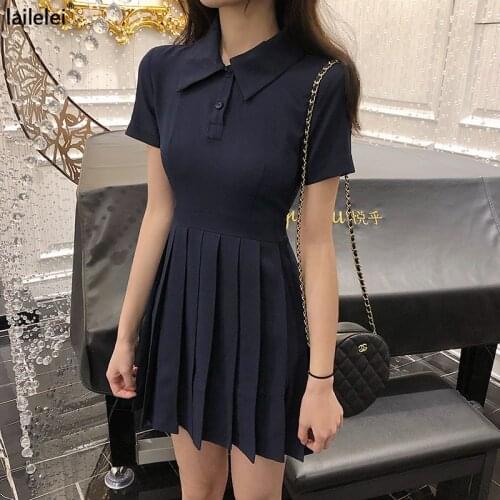 Pleated Mini Dress 2021 Spring New Lapel Tennis Girls Shirt Short Sleeve High Waist Robe