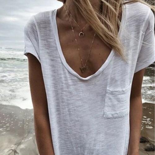 Casual Loose Tops NEW Summer Women V Neck Large Neckline Short Sleeve Solid Color Pockets Long T Shirt