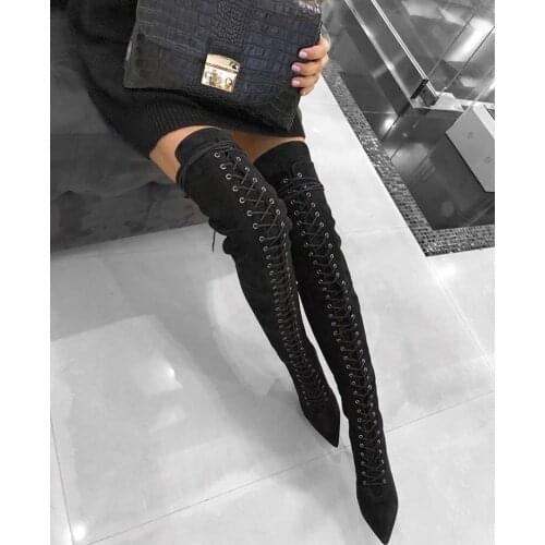 Real photos fashion black suede leather lace up women winter over knee high heel thigh high boots plus size woman boots