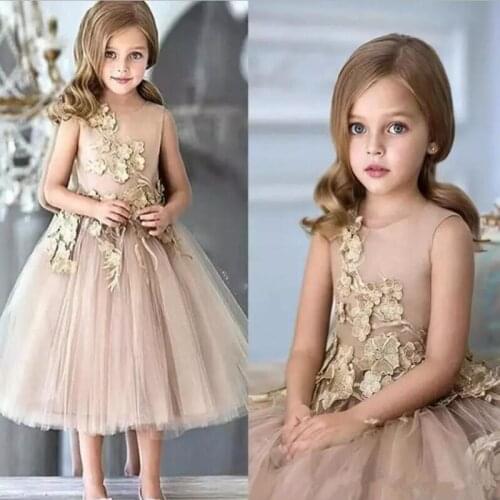 Luxurious Gold Sequins Flower Girl Dresses Applique Tulle Girls Birthday Banquet Pageant Dress O-Neck Party Flower Girl Dresses