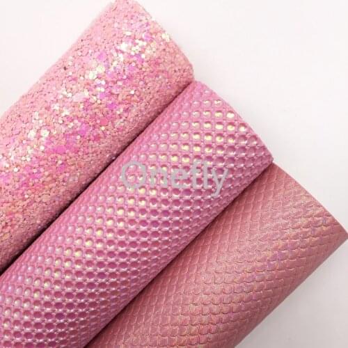 Onefly PINK Chunky Glitter Leather, Iridescent Mermaid Faux Leather Glitter Fabric Sheets For Bow DIY handbags shoes AQ008